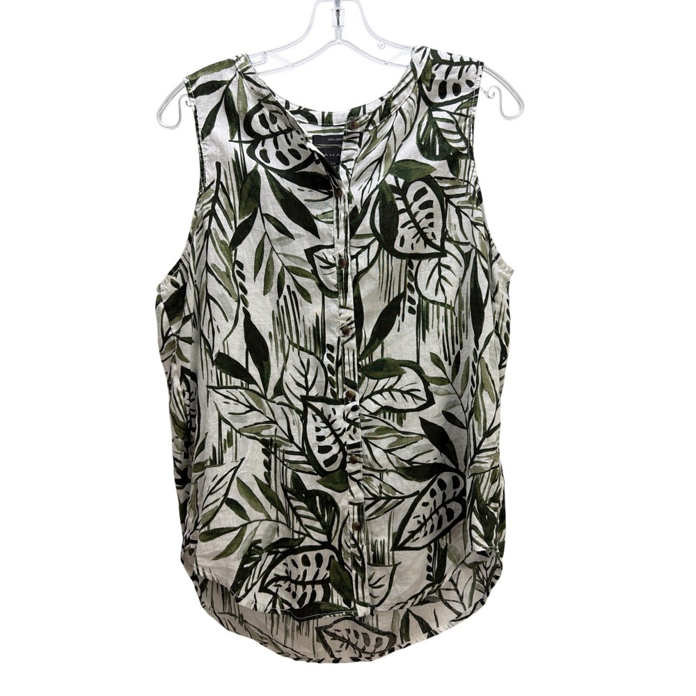 Tahari Green & White 100% Linen Leaf Print Sleeveless Button Up Top M Tropical